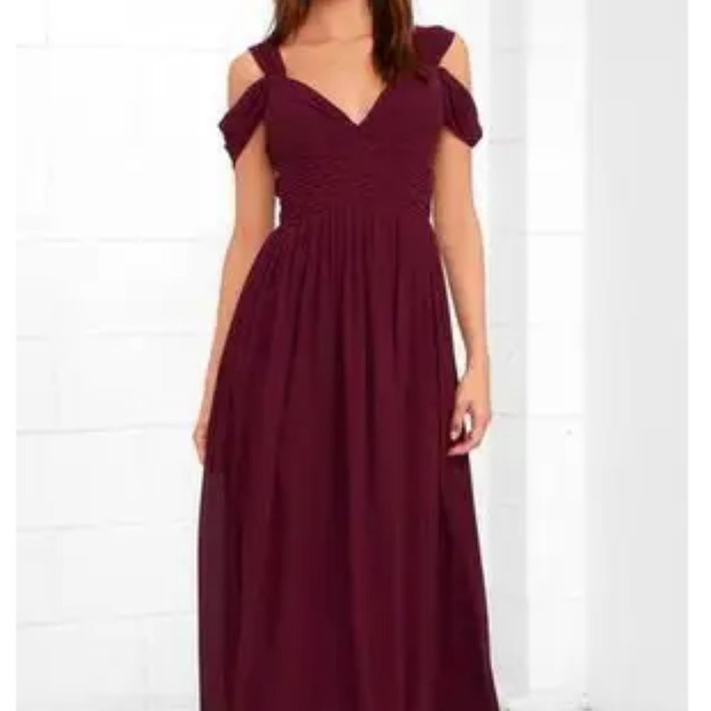Lulu's Make Me Move Burgundy Maxi Bridesmaid Dress Size: S